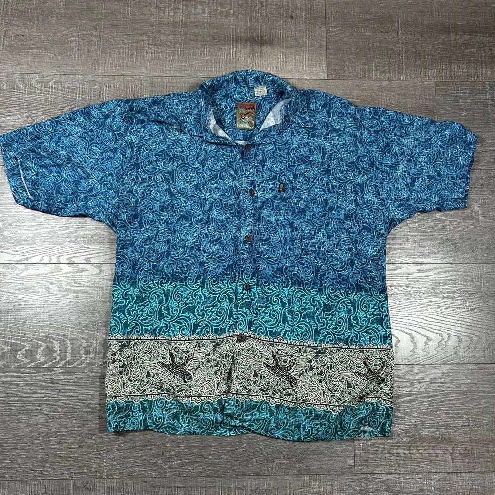 Pineapple Connection Hawaiian Shirt Men's L Blue Tropical Bird‎ Print Button Up